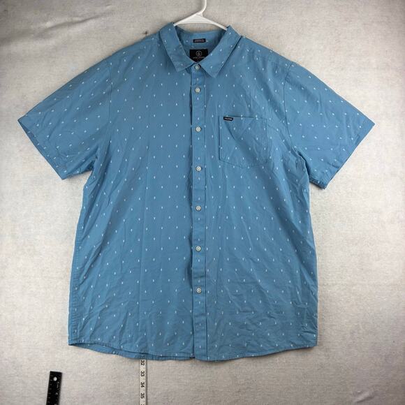 Volcom Modern Fit Button Up Short Sleeve Shirt Mens XXL Blue Dobby Dot Weave AOP - Picture 1 of 12